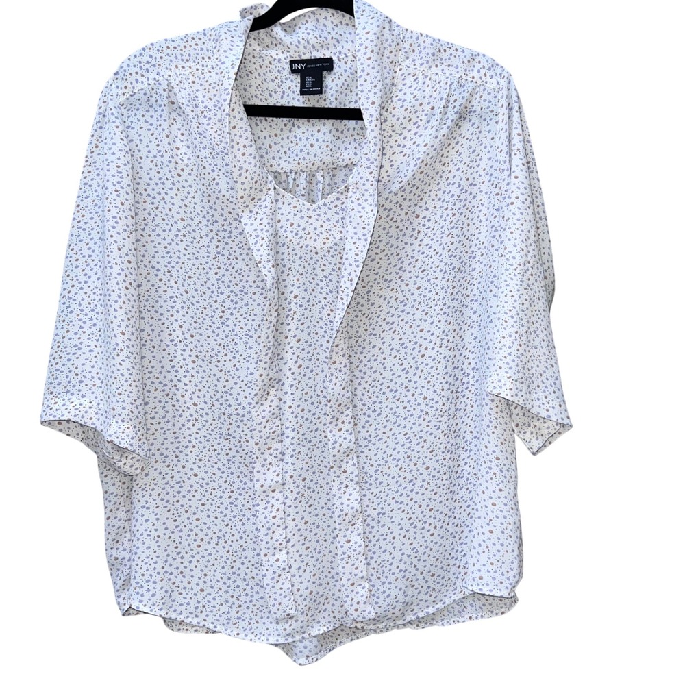 Jones New York JNY Womens L White Lavender Dot Blouse Top